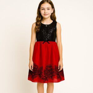 Newberry Girls Black/ Red Sequin Floral Taffeta/Satin Party Formal Dress Size 16
